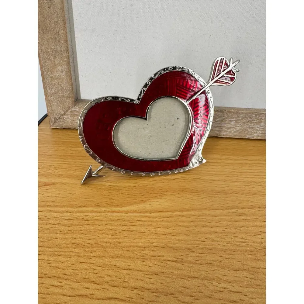 VTG heart shaped photo frame cupid arrow enamel red silver tone desktop love